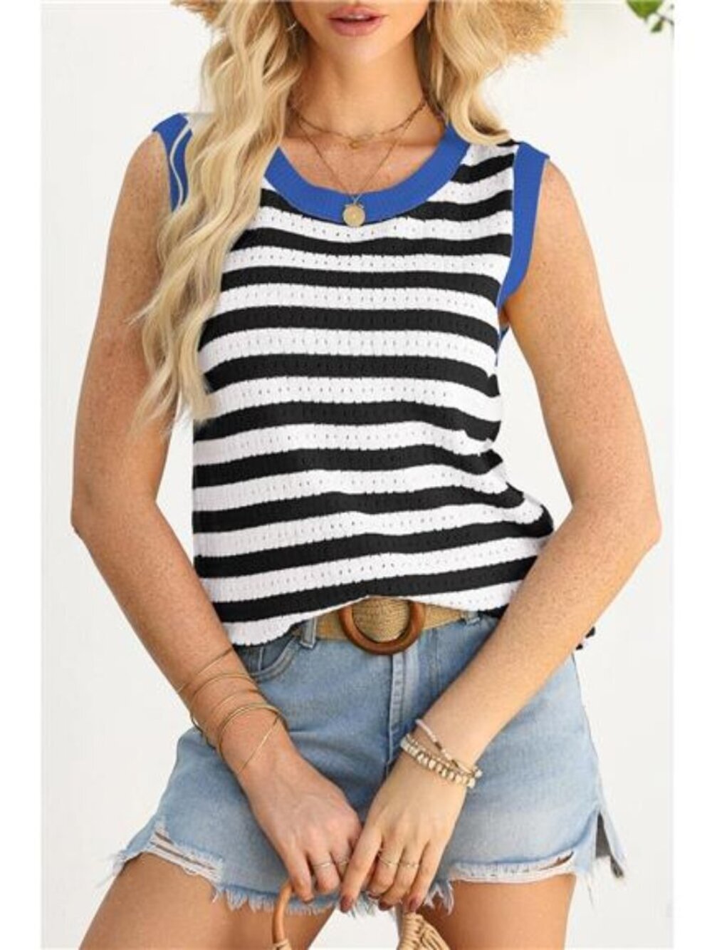 Stripe Pointelle Knit Contrast Trim Sleeveless Sweater Top